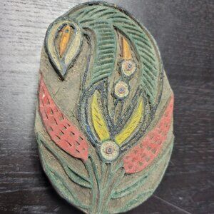 Hand Carved and Painted Wooden Flower Stamp Wall Hanging Plaque